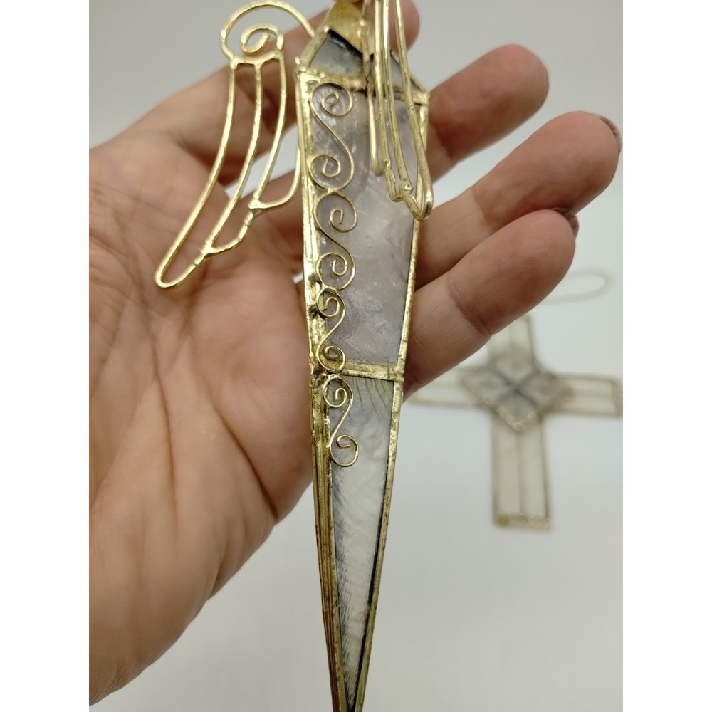 Set Of 3 Stain Glass Look Christmas Ornaments Angel Cross Made From Shell? - Picture 9 of 14
